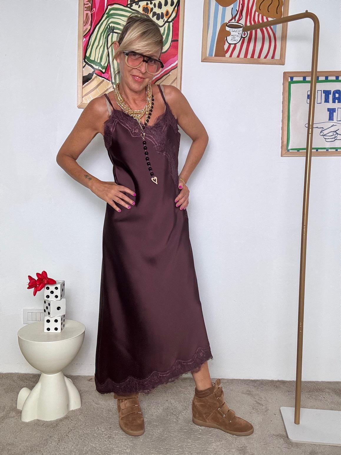 Dress Sottoveste Bordeaux Abito Lungo Sottoveste Con Pizzo