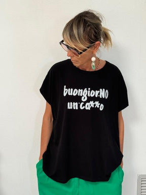 SUSY STAR - T-SHIRT STAMPA BUONGIORNO - NERO